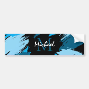 Brushstrokes shades of blue name with monogram bumper sticker