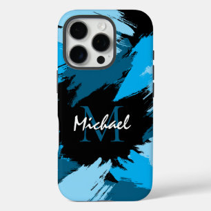 Brushstrokes shades of blue name with monogram iPhone 16 pro case