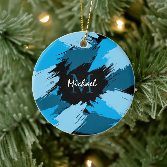 Brushstrokes shades of blue name with monogram ceramic ornament (Tree)