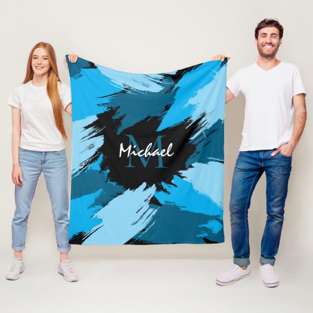 Brushstrokes shades of blue name with monogram fleece blanket (In Situ)