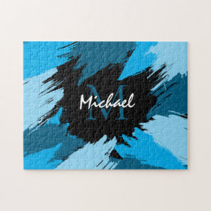 Brushstrokes shades of blue name with monogram jigsaw puzzle