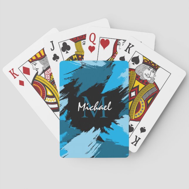 Brushstrokes shades of blue name with monogram playing cards (Back)