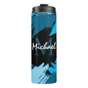 Brushstrokes shades of blue name with monogram thermal tumbler