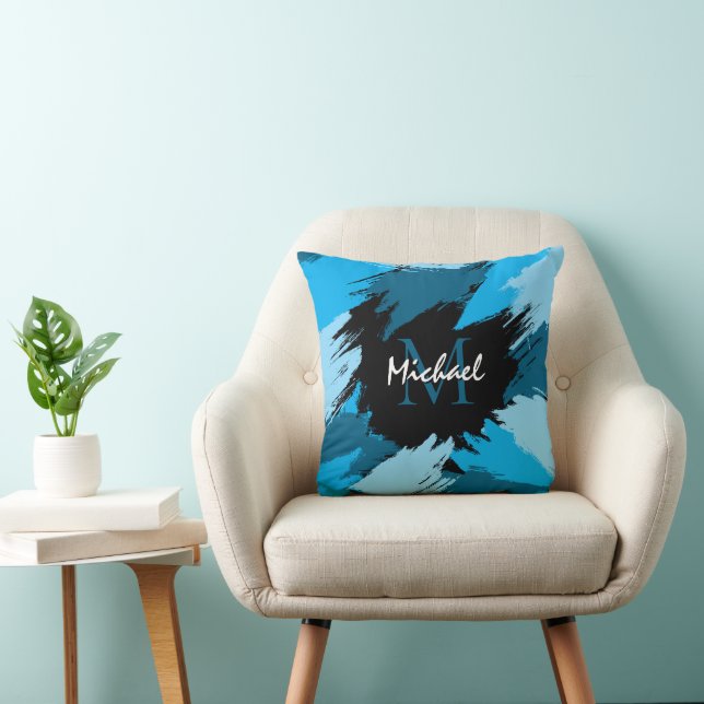 Brushstrokes shades of blue name with monogram throw pillow (Chair)
