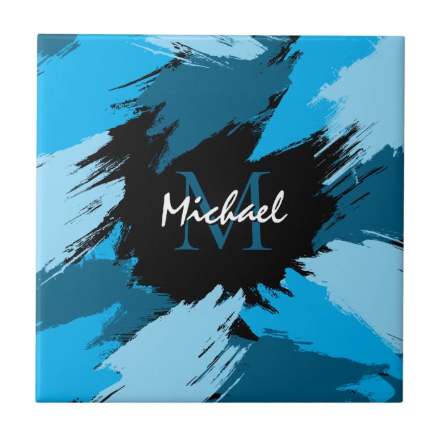 Brushstrokes shades of blue name with monogram tile (Front)