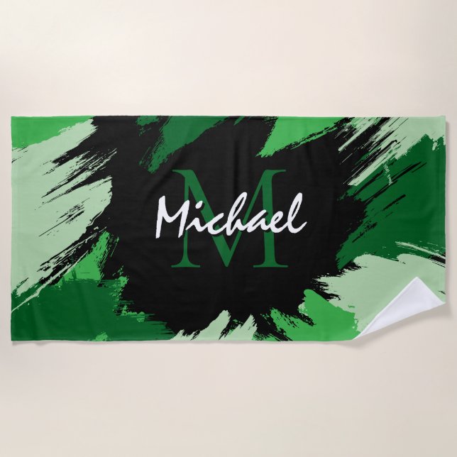 Brushstrokes shades of green name with monogram beach towel (Front)