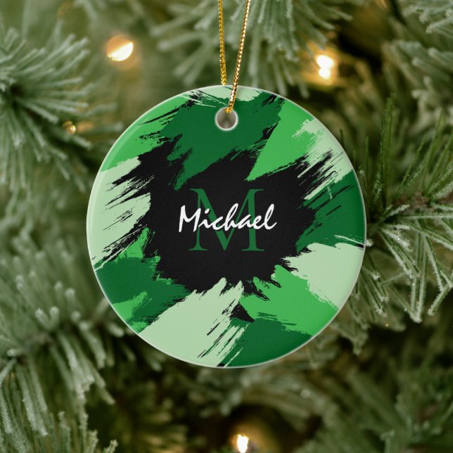 Brushstrokes shades of green name with monogram ceramic ornament (Tree)