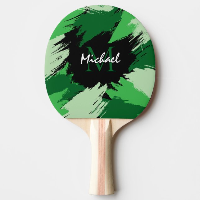 Brushstrokes shades of green name with monogram ping pong paddle (Front)
