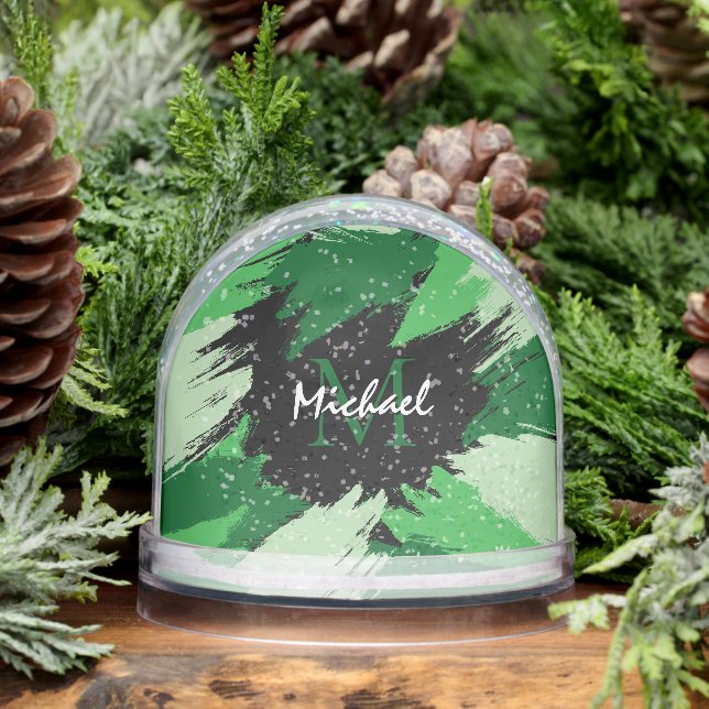 Brushstrokes shades of green name with monogram snowglobe (Winter)