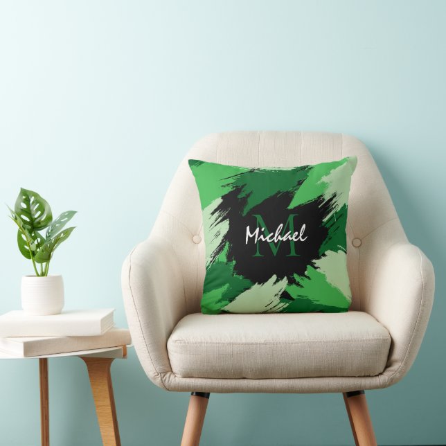 Brushstrokes shades of green name with monogram throw pillow (Chair)