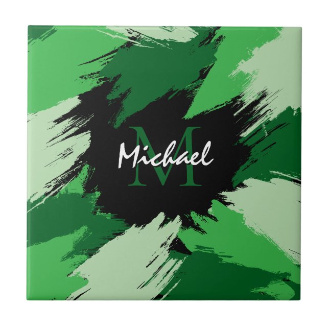 Brushstrokes shades of green name with monogram tile (Front)