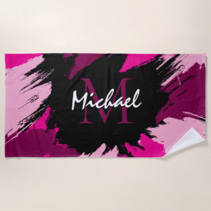 Brushstrokes shades of hot pink name with monogram beach towel