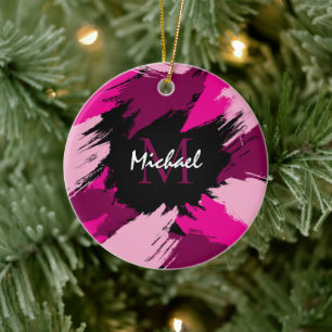 Brushstrokes shades of hot pink name with monogram ceramic ornament