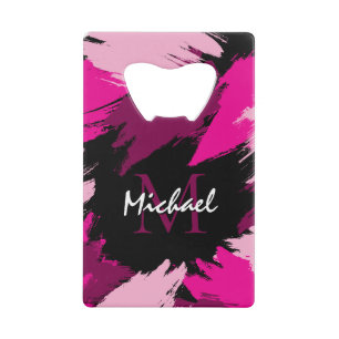 Brushstrokes shades of hot pink name with monogram credit card bottle opener