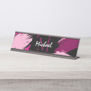 Brushstrokes shades of hot pink name with monogram desk name plate