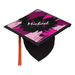 Brushstrokes shades of hot pink name with monogram graduation cap topper