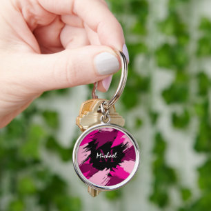 Brushstrokes shades of hot pink name with monogram keychain