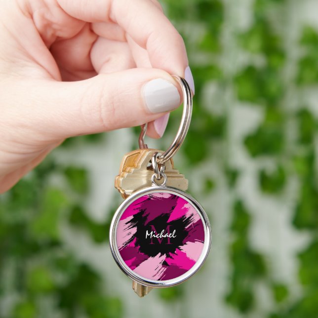 Brushstrokes shades of hot pink name with monogram keychain (Hand)