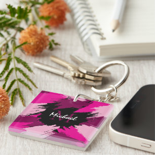 Brushstrokes shades of hot pink name with monogram keychain
