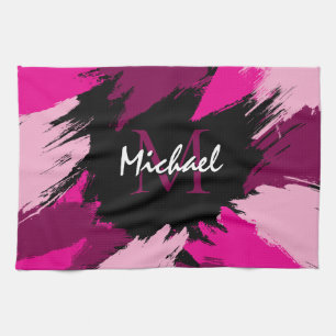 Brushstrokes shades of hot pink name with monogram kitchen towel