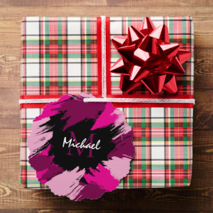 Brushstrokes shades of hot pink name with monogram ornament card
