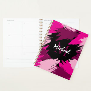 Brushstrokes shades of hot pink name with monogram planner