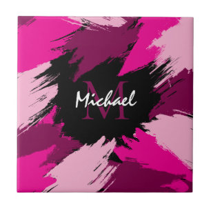 Brushstrokes shades of hot pink name with monogram tile