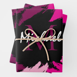 Brushstrokes shades of hot pink name with monogram wrapping paper sheet