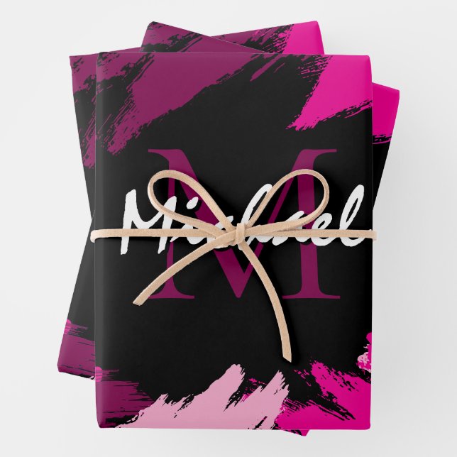 Brushstrokes shades of hot pink name with monogram wrapping paper sheet (In situ)
