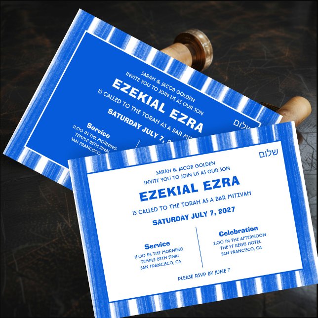 Brushstrokes Stripes Blue Custom Bar Bat Mitzvah Invitation (Brushstrokes Stripes Blue Custom Bar Bat Mitzvah Invitation
)