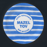 Brushstrokes Stripes Blue Custom Bar Bat Mitzvah Paper Plate<br><div class="desc">Perfect paper plate for a bat mitzvah, bar mitzvah or other Jewish celebration! Hand made abstract art with loose brushstrokes for you on the front! FULLY CUSTOMIZABLE! Click on “Personalize” above to edit the text. Click "edit using design tool" to adjust the fonts, colours and placements. THANK YOU FOR SUPPORTING...</div>