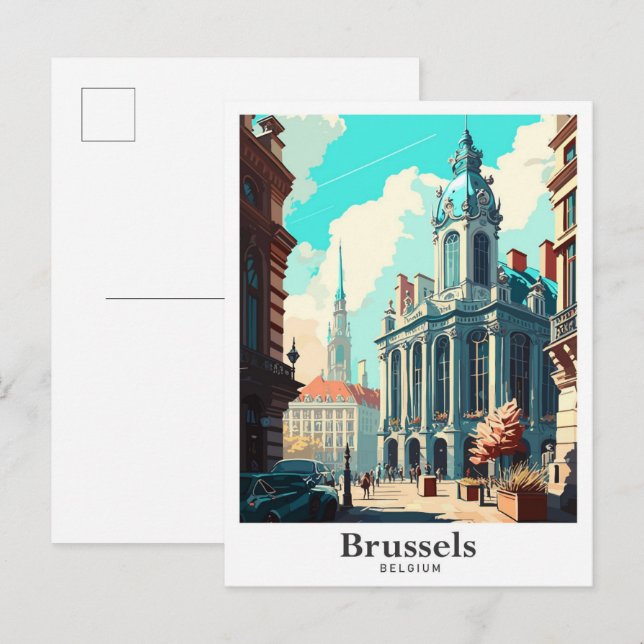 Brussels Belgium Art Vintage Travel Illustration Postcard (Front/Back)