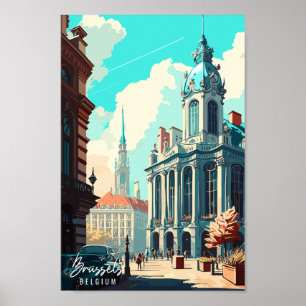 Brussels Belgium vintage travel illustration Poster