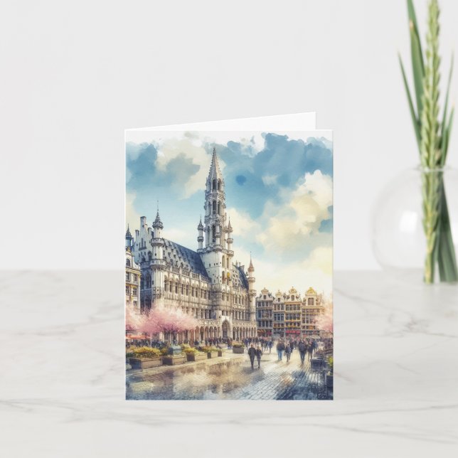 Brussels Grand Palace of Belgium Watercolor Card (Front)