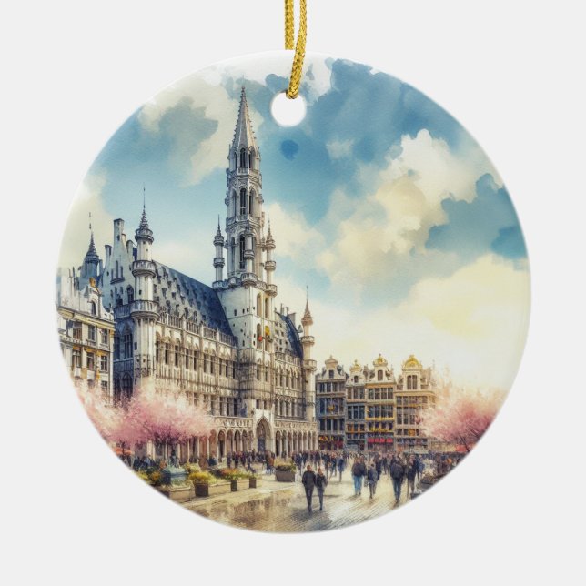 Brussels Grand Palace of Belgium Watercolor Ceramic Ornament (Front)
