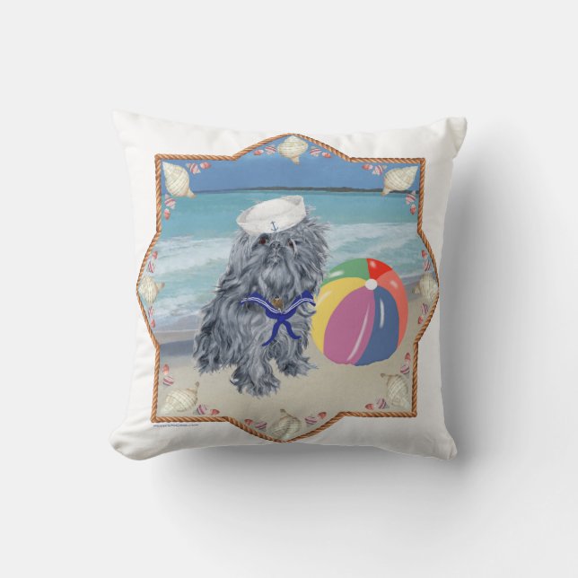 Brussels Griffon at the Beach Throw Pillow (Front)