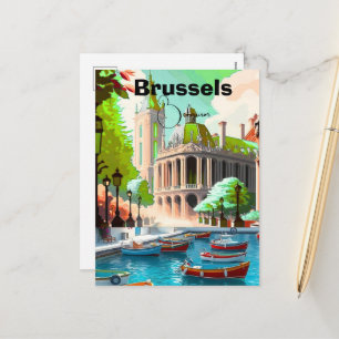 Brussels Travel Art postcard, Belgium Travel Art,  Holiday Postcard