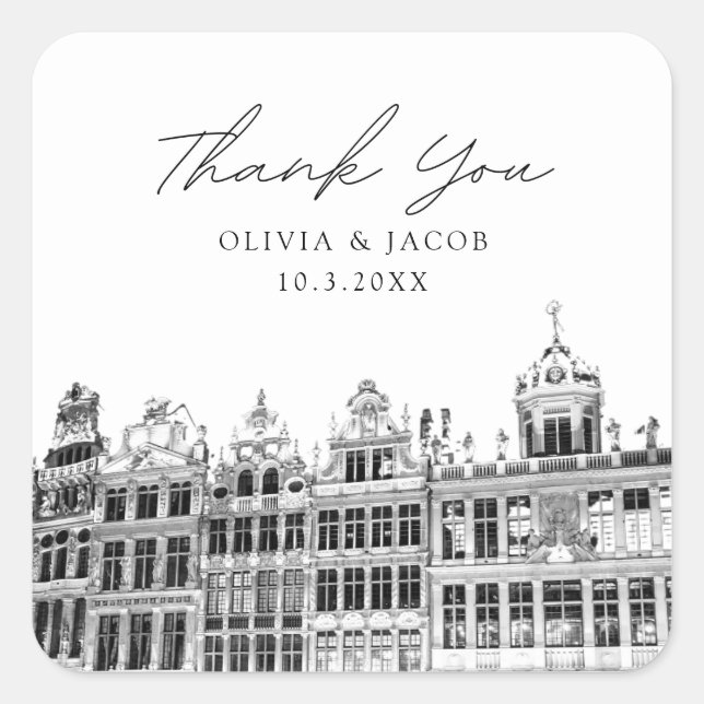 Brussels Wedding Black & White Favour Thank You Square Sticker (Front)