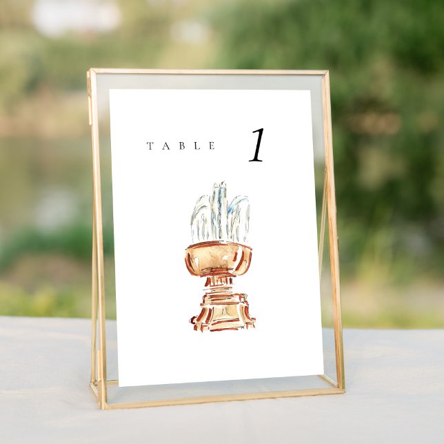 Bryant Park Fountain New York Wedding Table Number (Watercolor Bryant Park Fountain New York City wedding table number sign.)