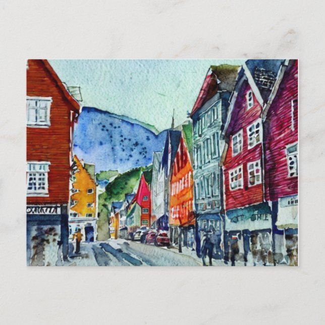bryggen bergen norway street watercolor postcard (Front)
