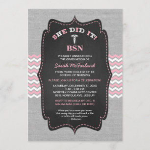 BSN Nurse graduation invites, PINK grey chalkboard Invitation