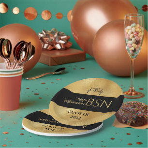 BSN NURSE Graduation RN LPN Name Black Faux Gold Paper Plate