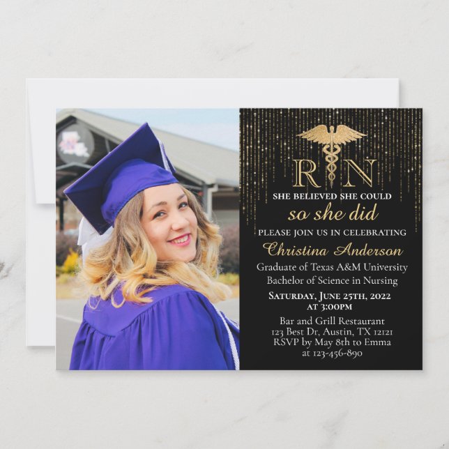 BSN RN Gold Glitter Nursing Photo Graduation Party Invitation (Front)