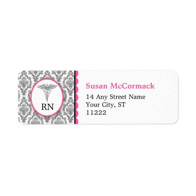 BSN RN LPN Damask Caduceus Black Hot rose (Devant)