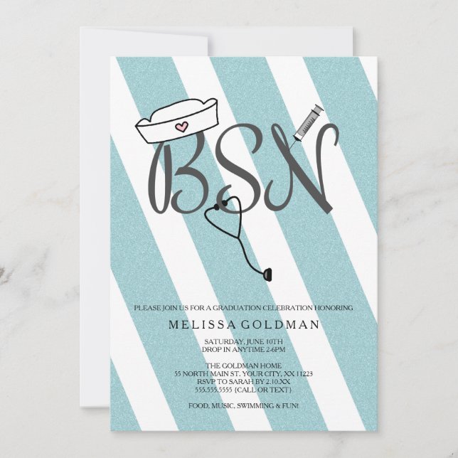 BSN RN nurse graduation invites teal blue glitter (Front)