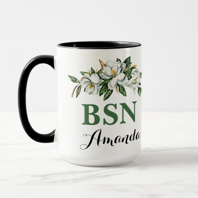 BSN Watercolor Floral Greenery Magnolia Graduation Mug (Left)