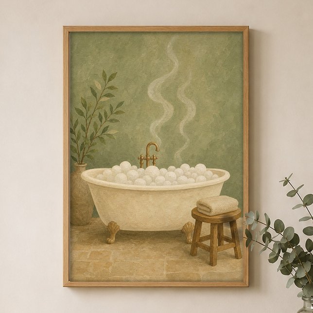 Bubble Bath Clawfoot Watercolour Farmhouse Poster (Shown framed for scale. Poster ships unframed; frames are an optional add-on.)