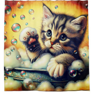 “Bubble Bath Kitten - Whimsical Bath Time Art”