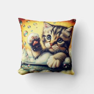 “Bubble Bath Kitten - Whimsical Bath Time Art” Throw Pillow