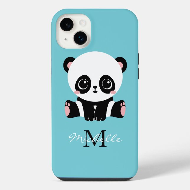 Bubble Gum Blue Panda Monogram Personalized Name iPhone Case (Back)
